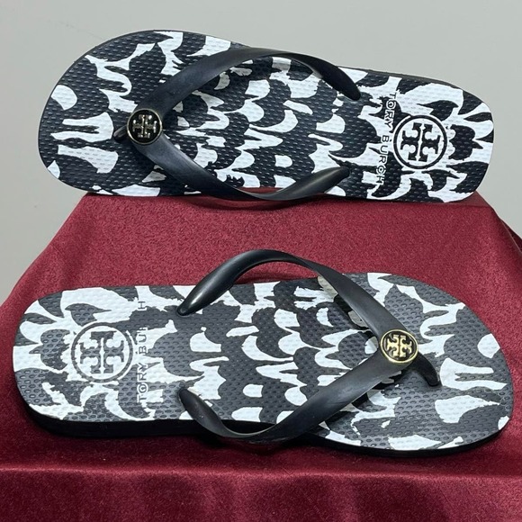 Tory Burch Shoes - Tory Burch Wedge Thong Flip Flops Black White Size 8